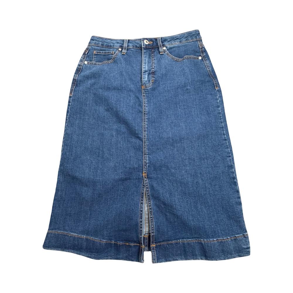 Style & Co Denim Midi Skirt Women 10 Blue Cotton Blend Front Slit Modest